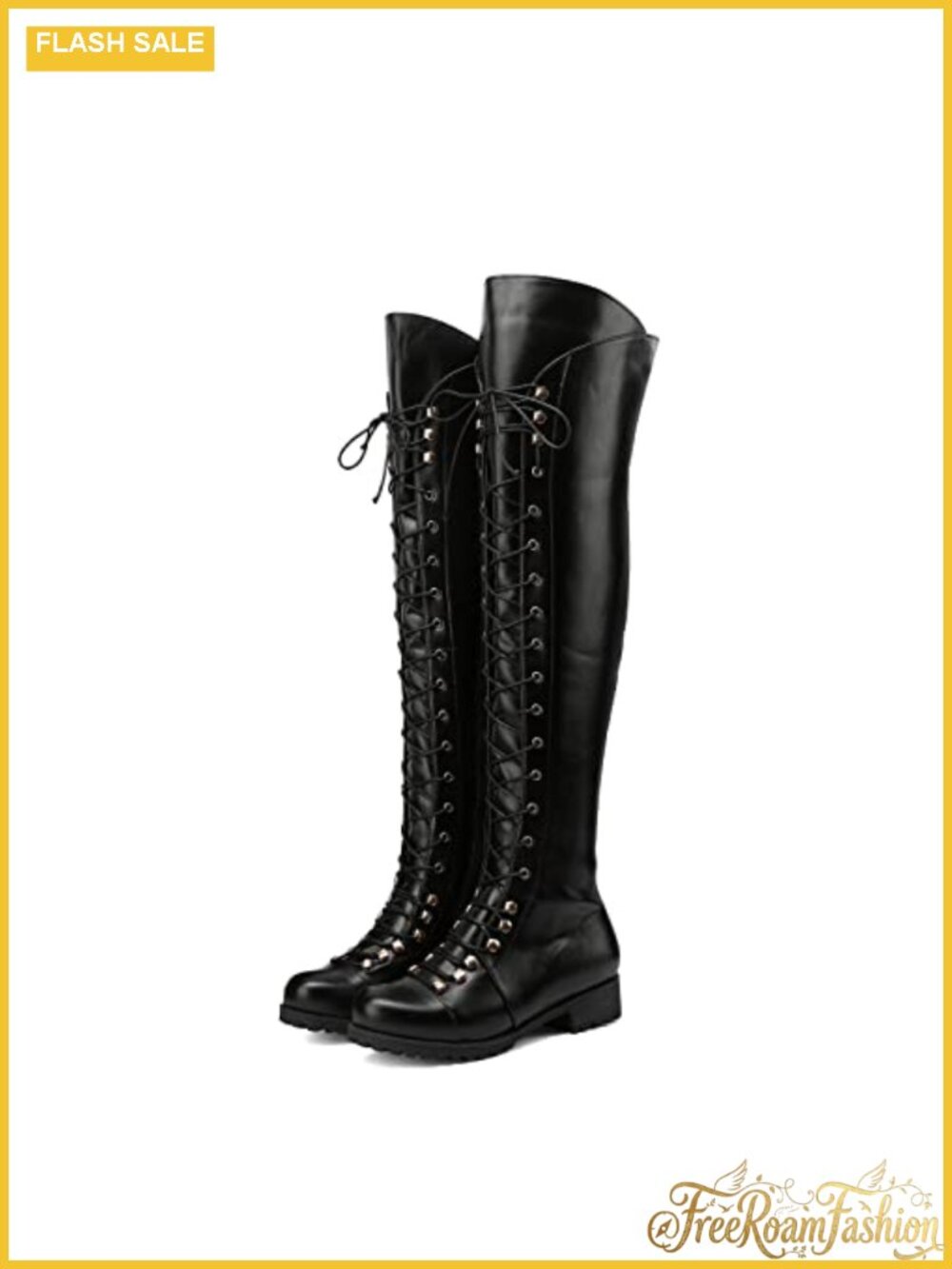 Over The Knee Flat Boots Lace-up PU Leather Riding Long Shaft Zip Boots